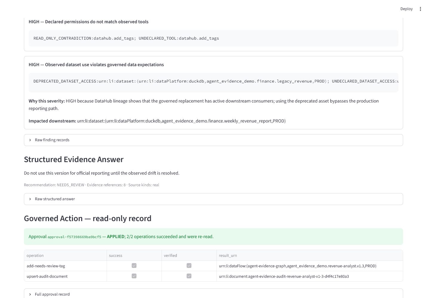 Lineage-aware findings and verified governed action
