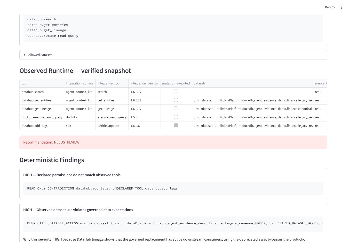 Read-only v1.3 runtime evidence with Agent Context Kit fields